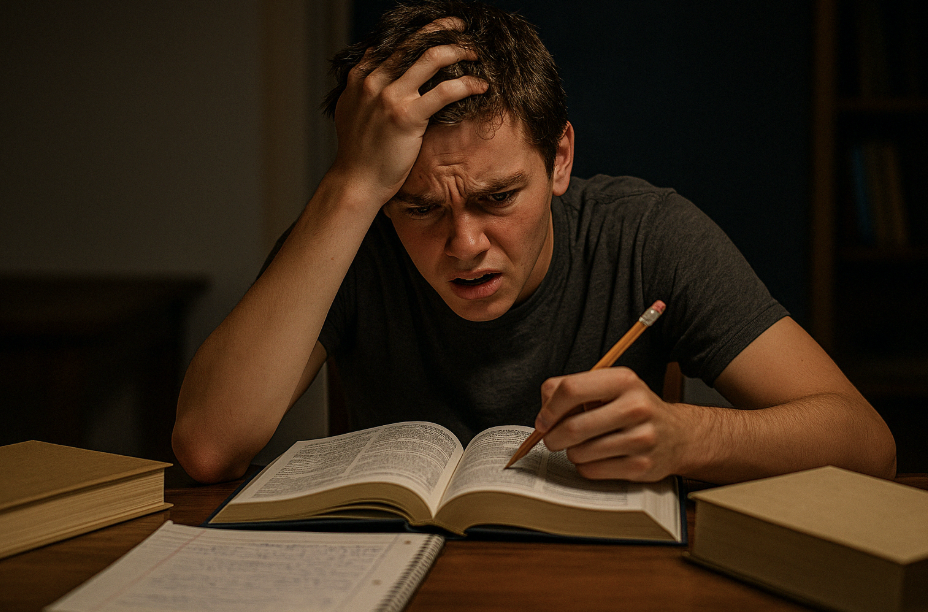   A student frantically crams the night before his AP exam and feels very stressed. Image created by ChatGPT